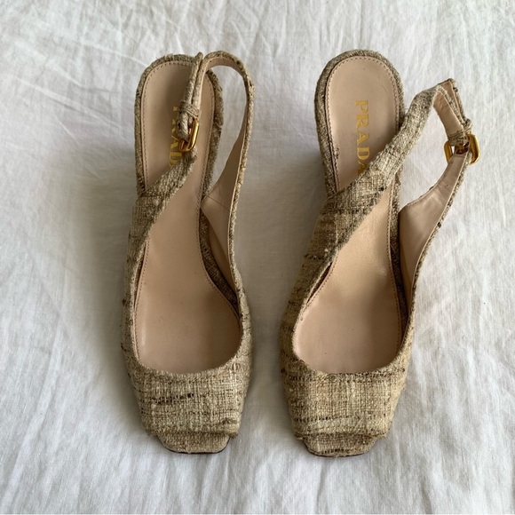 Vintage Prada Tweed Peep Square Toe Slingback Sandal Wedges Heels 90s Y2K - Picture 1 of 6